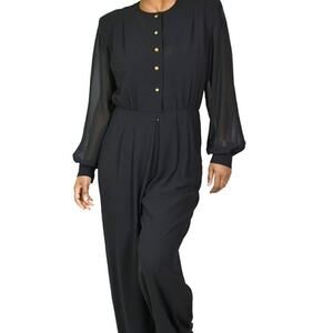 Liz Claiborne Jumpsuit Black Vintage 90s Sheer Chiffon Sleeves Wide Leg Dressy 8